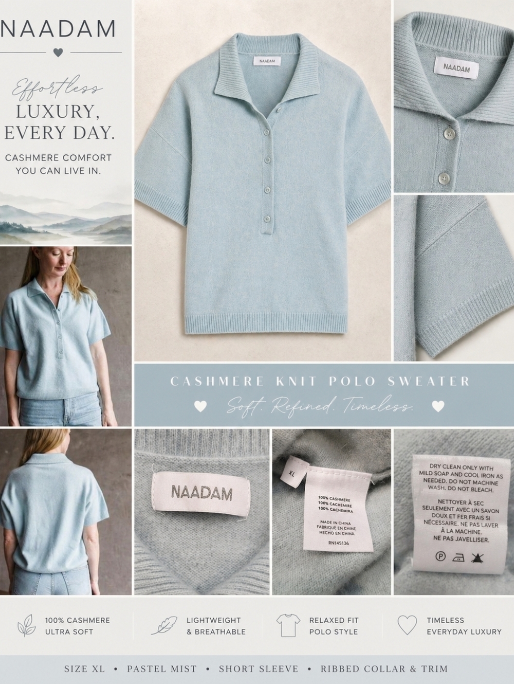 Sz XL NAADAM Cashmere Knit Sweater Relaxed Polo Short Sleeve Pastel Mist